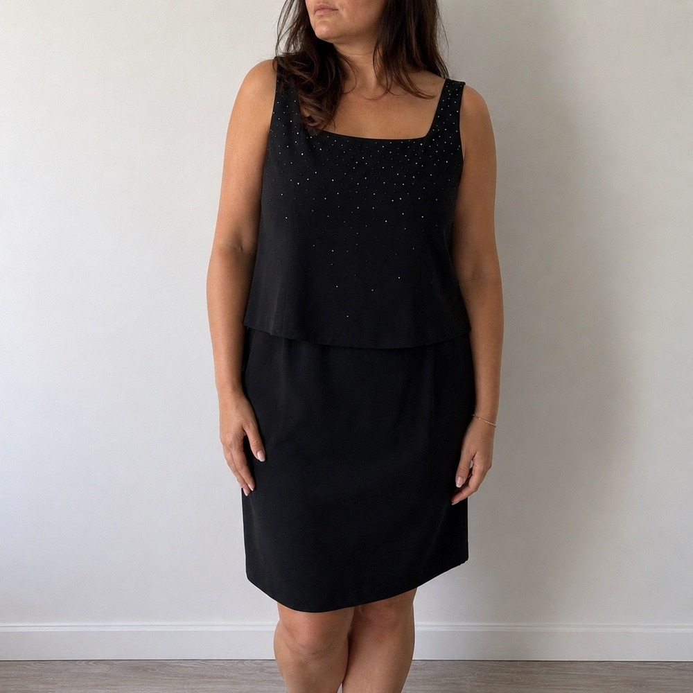 Jones New York Black Dress Studded Layered Sheath Size 12 Minimalist